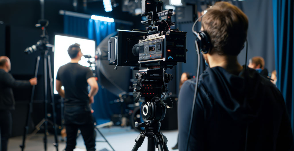 Dirigeante d'entreprise française filmée lors d'une interview corporate, expression faciale naturelle et authentique en pleine conversation, équipement de tournage visible en premier plan