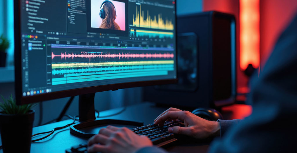 Écran d'ordinateur professionnel affichant tableau de bord analytics avec graphiques de performance vidéo, métriques d'engagement et statistiques détaillées